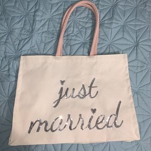 Just Married Tote Bag - Pink and White with silver sequins